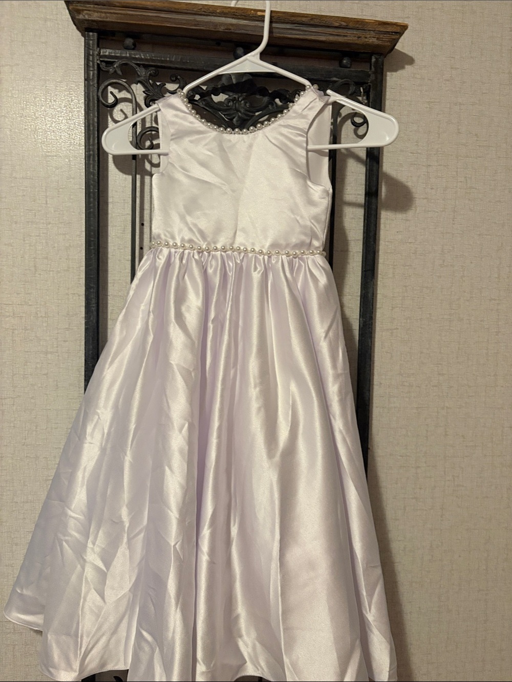 Girls Pearl-Trim Satin Party Dress in White